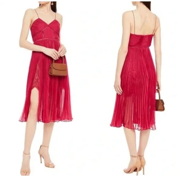 NWT Self-Portrait Fuchsia Pink Pleated Chiffon Midi Dress Size 10 - Picture 8 of 16